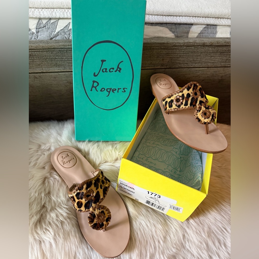 Jack Rogers Leopard Print Leather Thong Sandals - Brown/Tan
